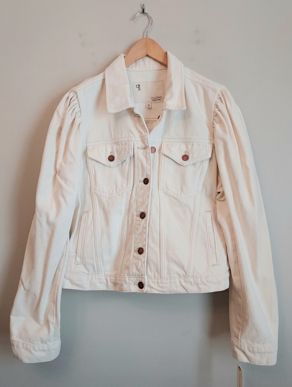 Anthropologie Pilcro White Denim Jean Puff Sleeve Jacket Size Large NEW NWT - Picture 4 of 12